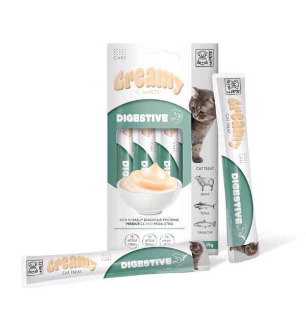 M-PETS_19038199_CREAMY Cat Treats_Tuna Schrimp_cardboard_all lan Creamy Digestivo con Cordero Atún y Salmón - Snack para Gato