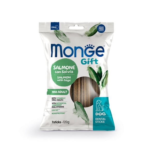 Monge Gift Canine Mini Adult Dental Sticks Salmón con Salvia - Snack para Perro