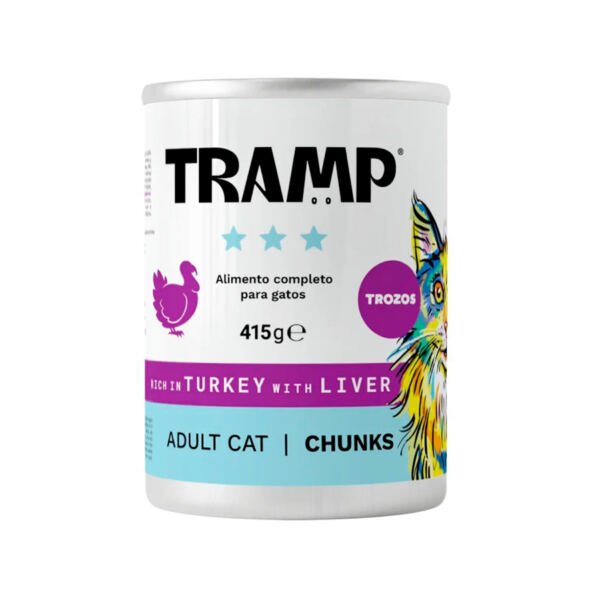 Tramp_3_Cat-Chunks-415g_Turkey Tramp Cat Lata Trozos Pavo e Hígado - Comida Húmeda para Gato