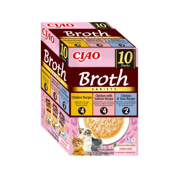 Churu Broth Multipack de Pollo, Salmón y Atún 10x40 g - Comida Húmeda para Gato
