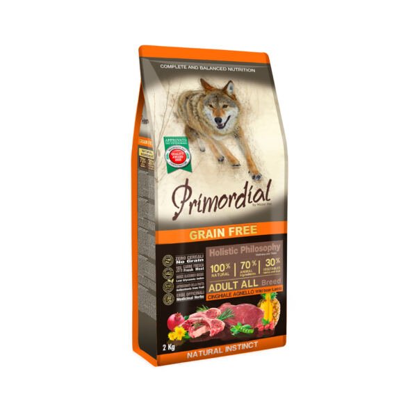 PRIMORDIAL_CINGHIALE AGNELLO_2KG Primordial Adult Cordero y Jabalí Grain Free – Pienso para Perro