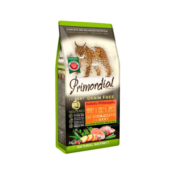 PRIMORDIAL CAT ESTER EXIGENTE-2kg Primordial Adulto Esterilizados Exigentes Salmón y Codorniz Grain Free – Pienso para Gato