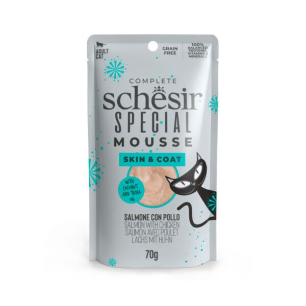 8005852131249_920092 Schesir Special Mousse Skin & Coat Sobre Salmón y Pollo - Comida Húmeda para Gato
